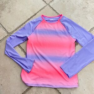 NEW Lands' End Girls 14 Rash Guard Pink Tie Dye Stripe Long Sleeve swim top